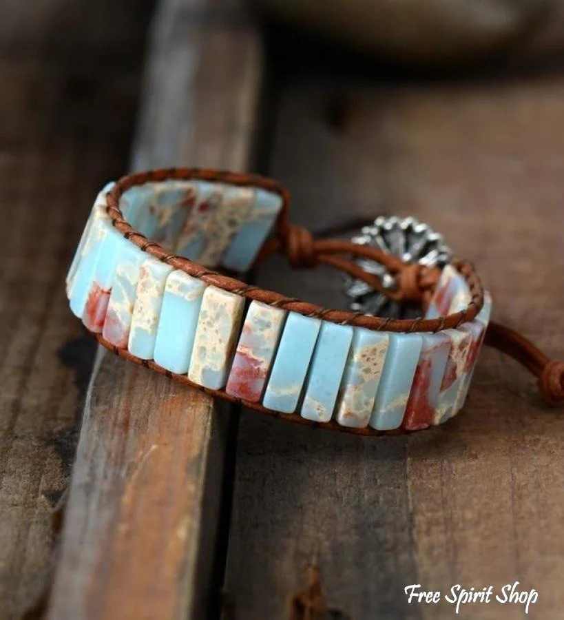 Handmade Blue Shoushan Stone Leather Wrap Bracelet - Image 3