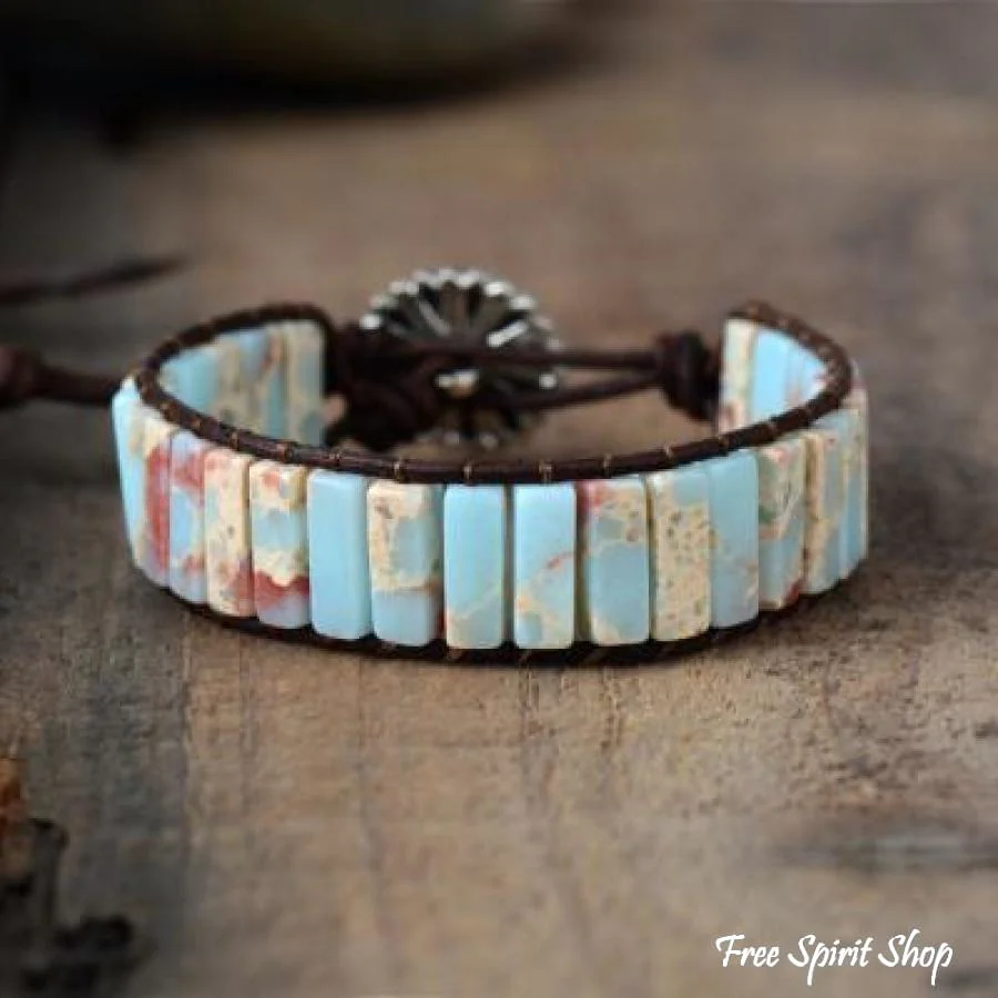 Handmade Blue Shoushan Stone Leather Wrap Bracelet - Image 4