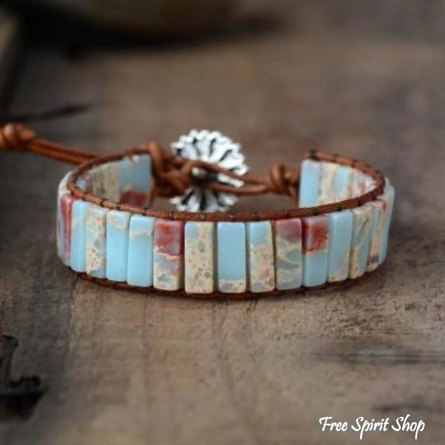 Handmade Blue Shoushan Stone Leather Wrap Bracelet - Image 5