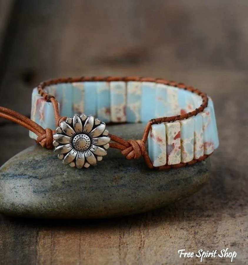 Handmade Blue Shoushan Stone Leather Wrap Bracelet - Image 6