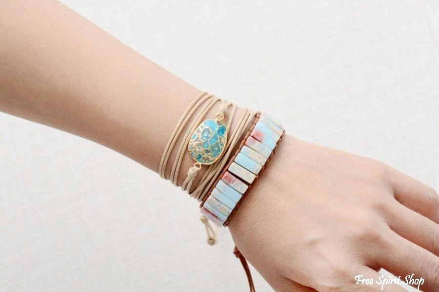 Handmade Blue Shoushan Stone Leather Wrap Bracelet - Image 7