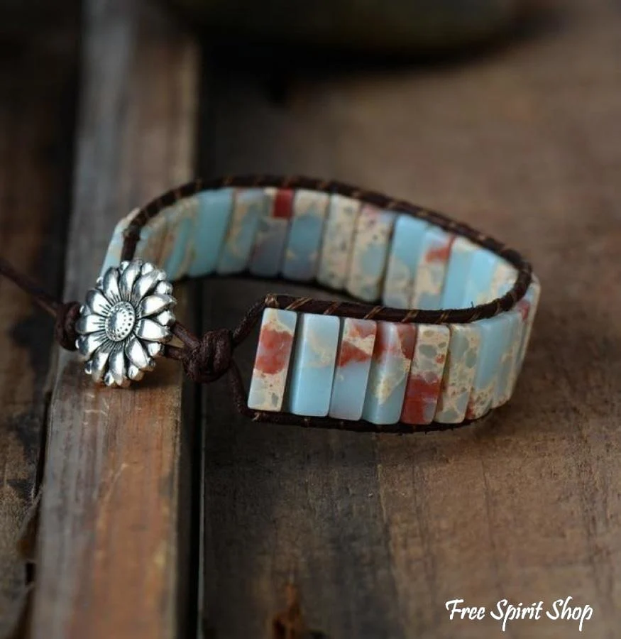 Handmade Blue Shoushan Stone Leather Wrap Bracelet - Image 8