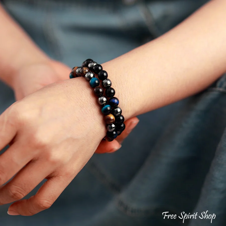 Handmade Blue Tiger Eye & Hematite Bead Bracelet - Image 2