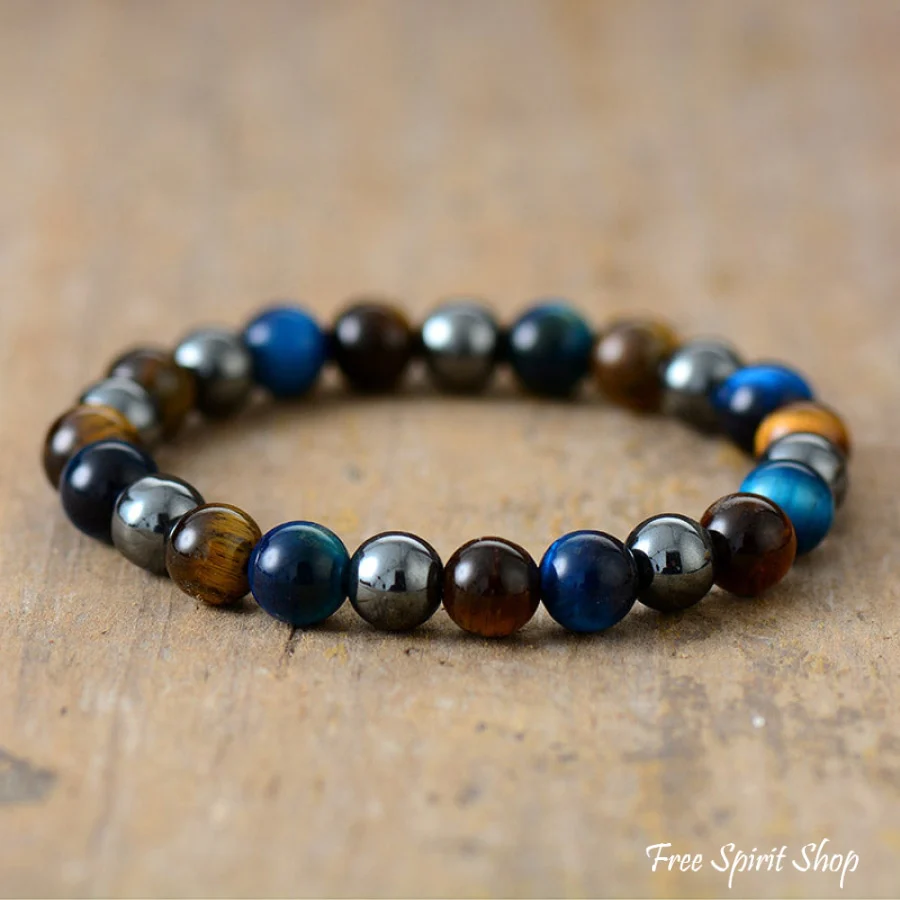 Handmade Blue Tiger Eye & Hematite Bead Bracelet - Image 3
