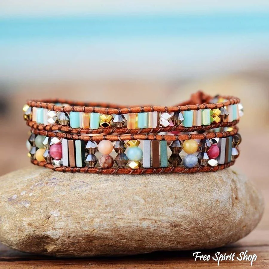 Handmade Boho Crystal Leather Wrap Bracelet