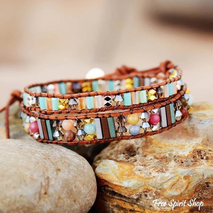 Handmade Boho Crystal Leather Wrap Bracelet - Image 2