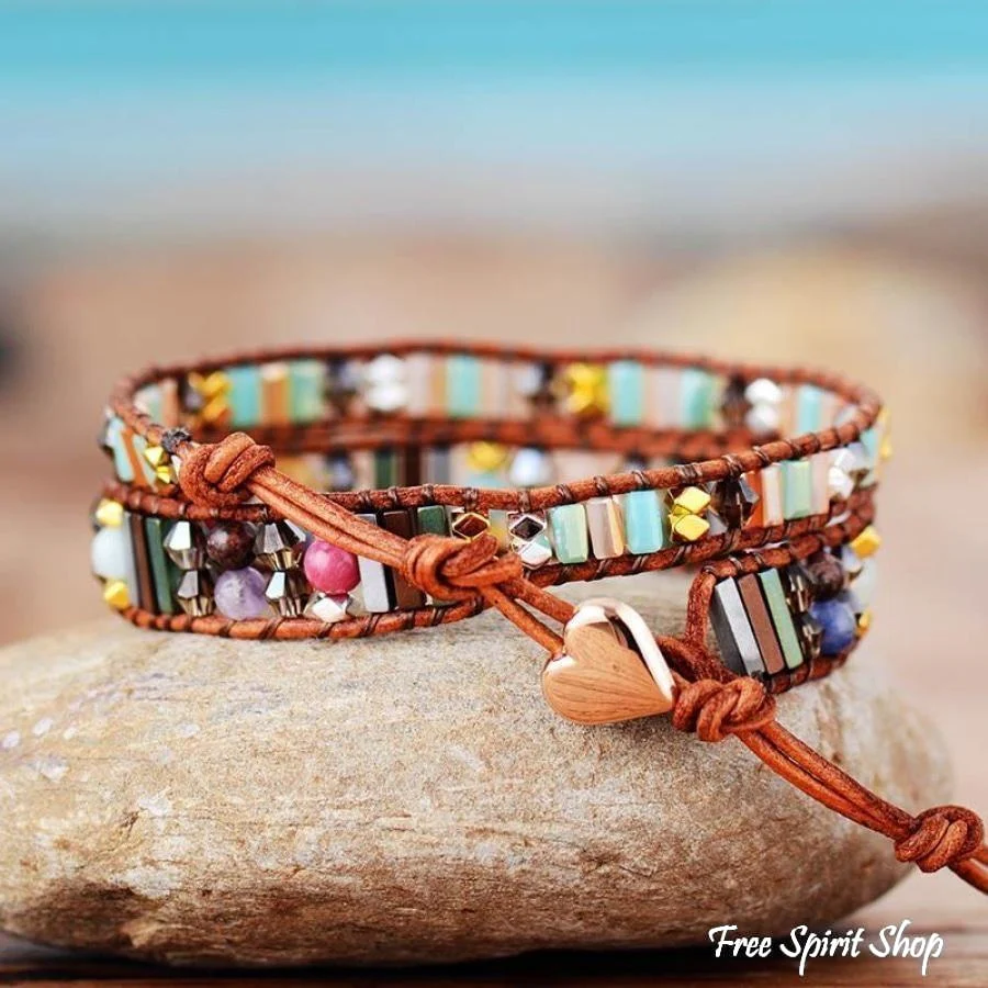 Handmade Boho Crystal Leather Wrap Bracelet - Image 3