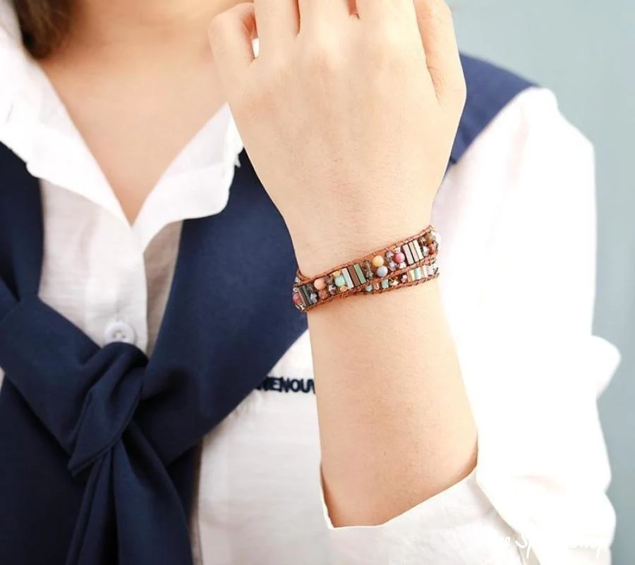 Handmade Boho Crystal Leather Wrap Bracelet - Image 4