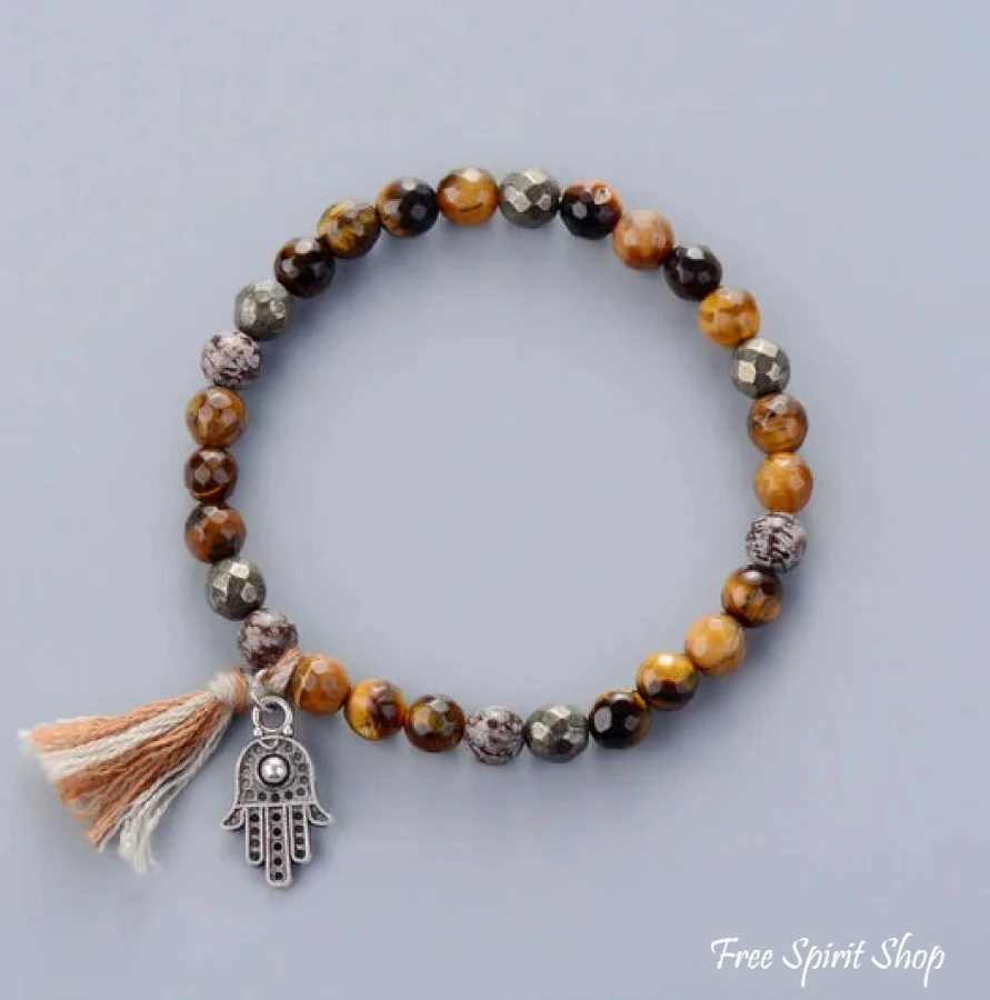 Handmade Natural Semi-Precious Jasper & Pyrite Stones Bracelet with Tassel - Image 3