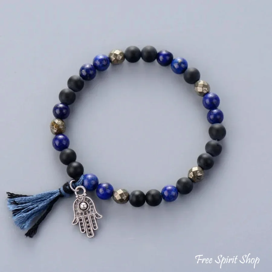 Handmade Natural Semi-Precious Jasper & Pyrite Stones Bracelet with Tassel - Image 5