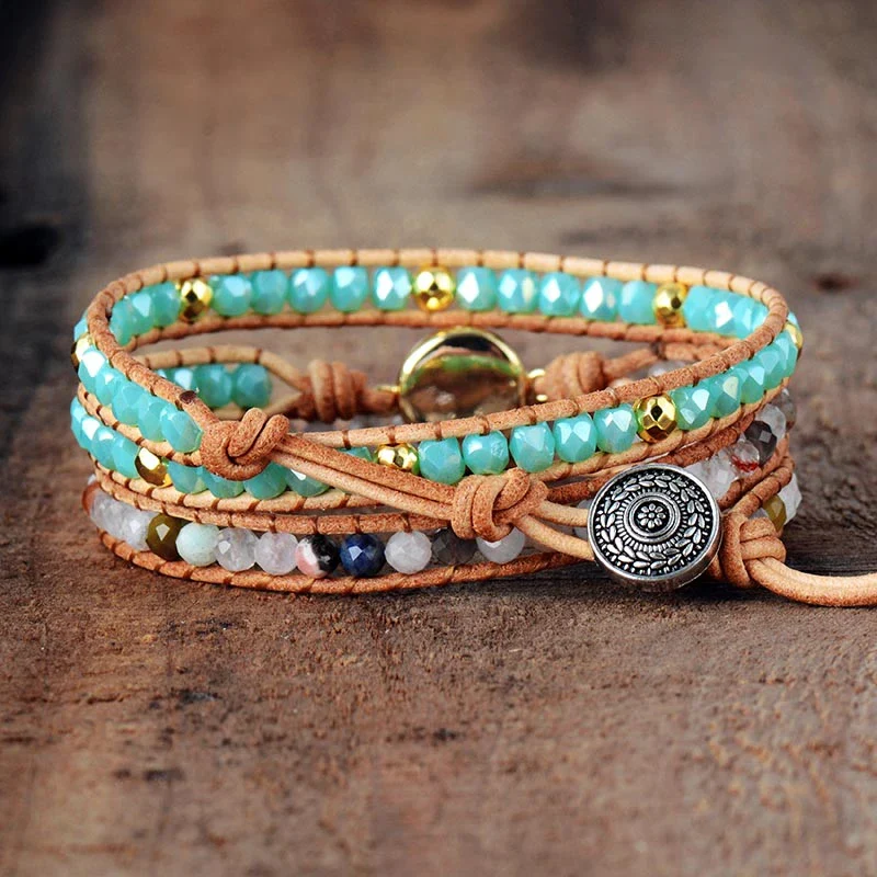 Handmade Clear Quartz & Opal Rhinestone Wrap Bracelet - Image 3