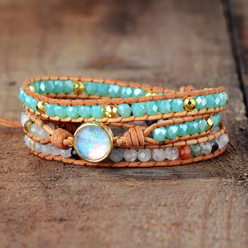 Handmade Clear Quartz & Opal Rhinestone Wrap Bracelet - Image 4