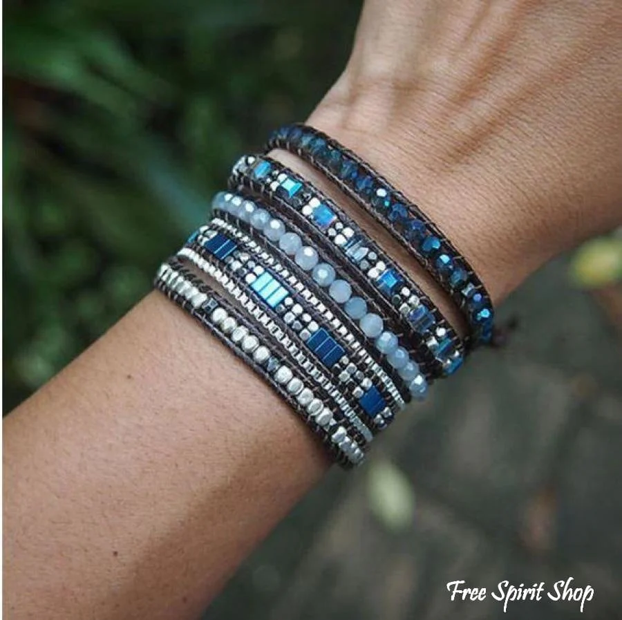 Handmade Crystal & Hematite Blue Wrap Bracelet - Image 2