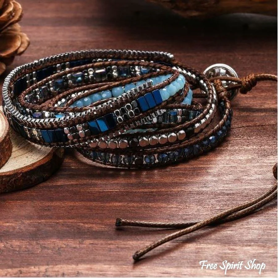 Handmade Crystal & Hematite Blue Wrap Bracelet - Image 3