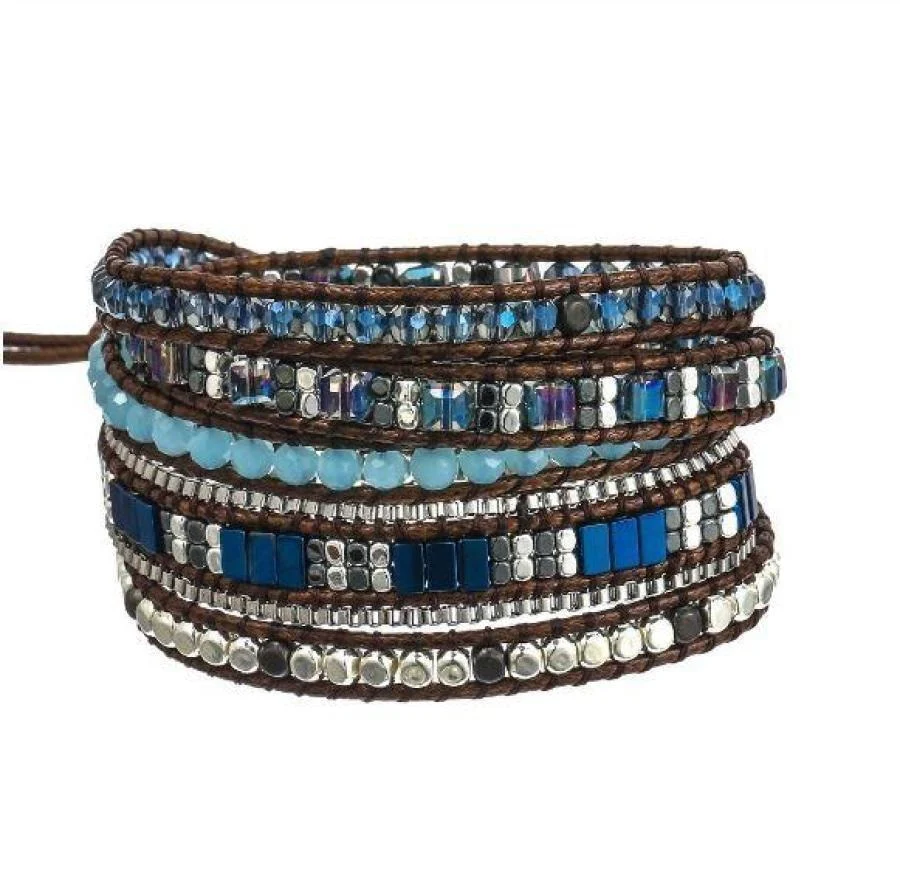 Handmade Crystal & Hematite Blue Wrap Bracelet - Image 4