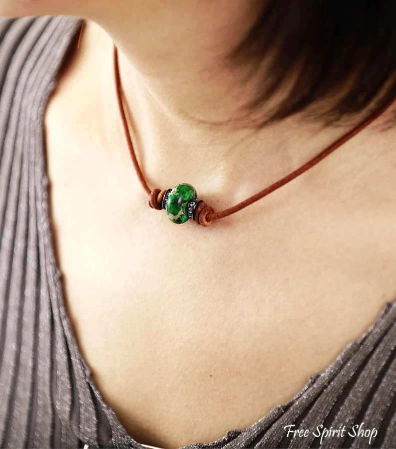 Handmade Emperor Jasper Leather Choker Necklace - Image 2