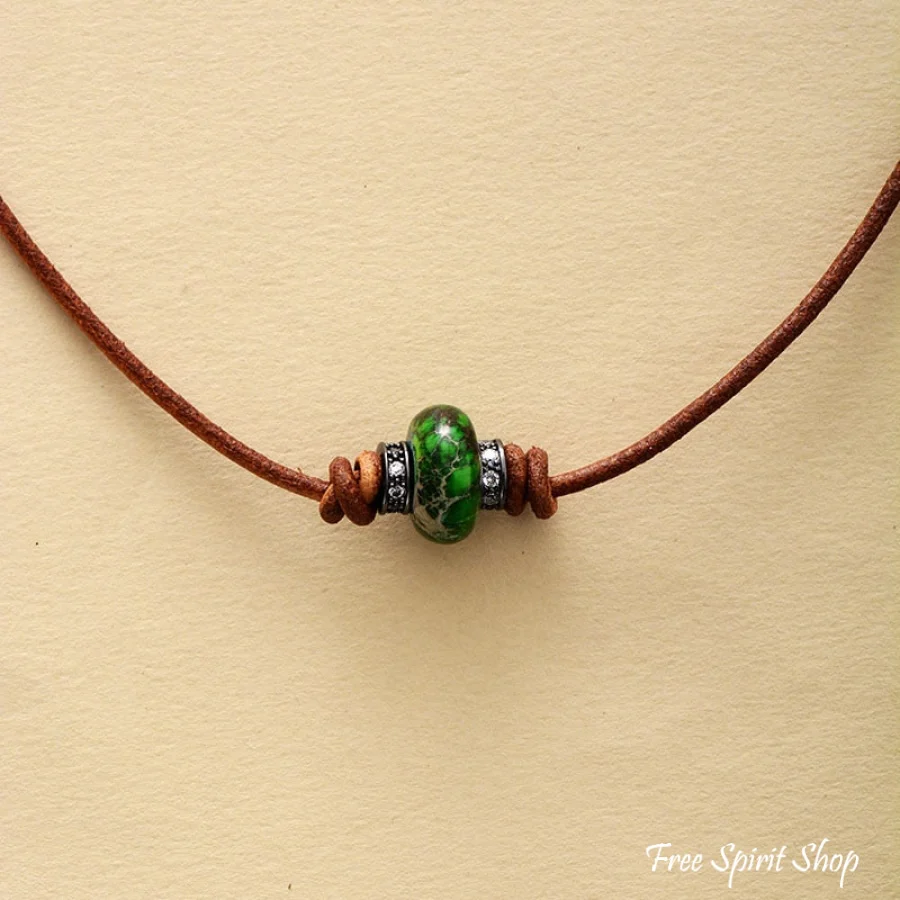 Handmade Emperor Jasper Leather Choker Necklace - Image 3