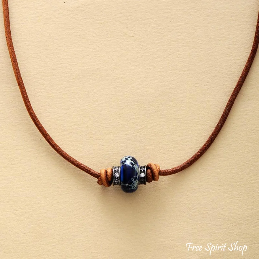 Handmade Emperor Jasper Leather Choker Necklace - Image 4