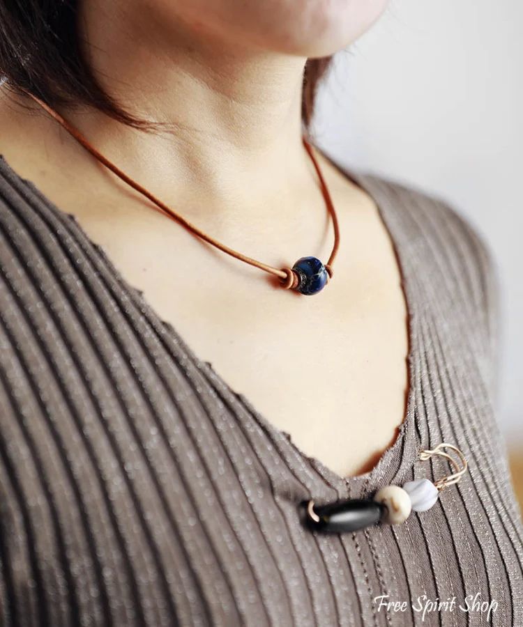 Handmade Emperor Jasper Leather Choker Necklace - Image 5