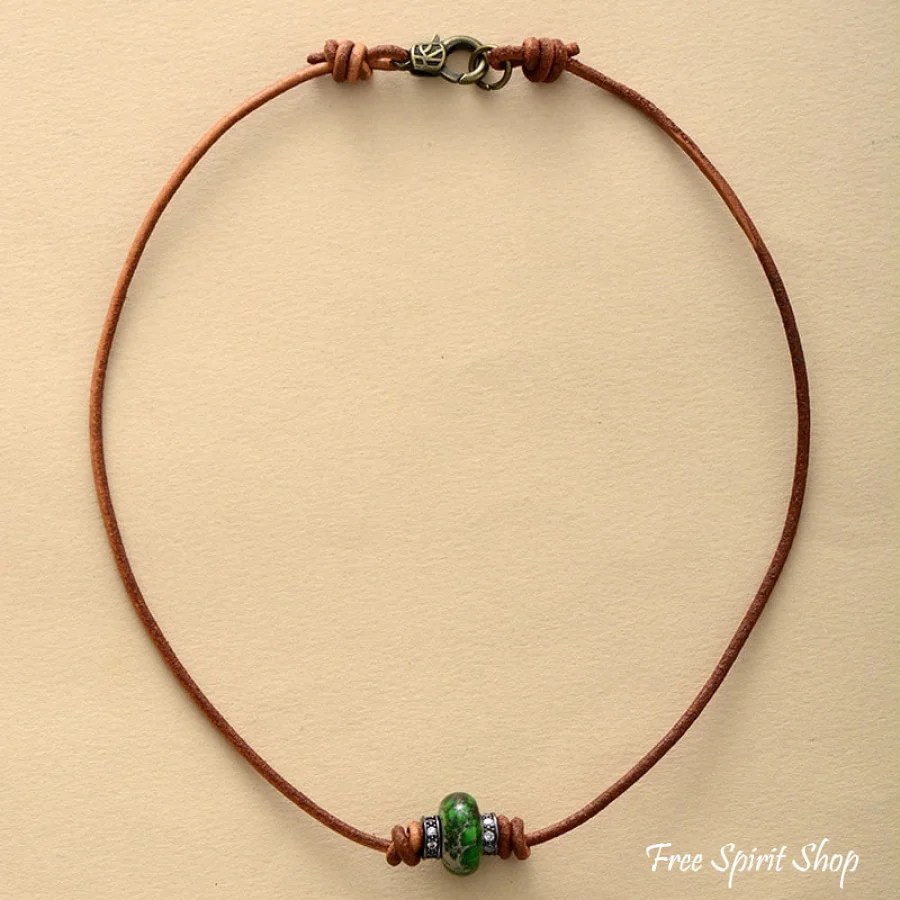 Handmade Emperor Jasper Leather Choker Necklace - Image 6