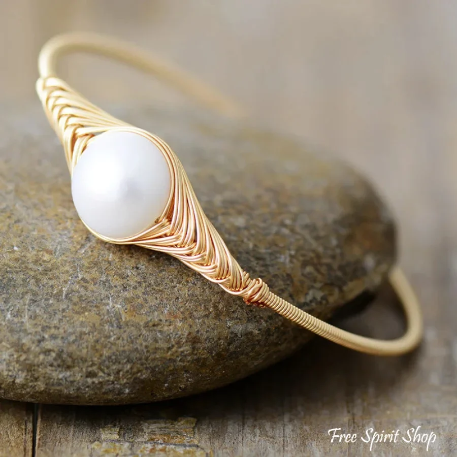 Handmade Freshwater Pearl Braided Gold Cuff Bracelet - Image 2