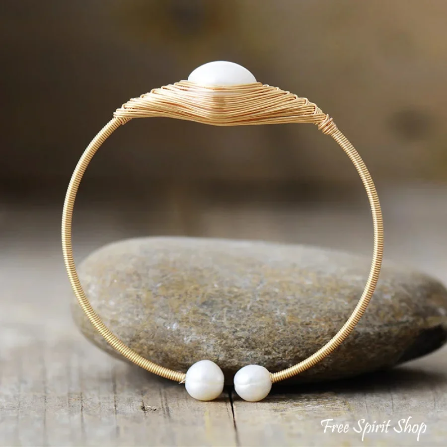 Handmade Freshwater Pearl Braided Gold Cuff Bracelet - Image 4