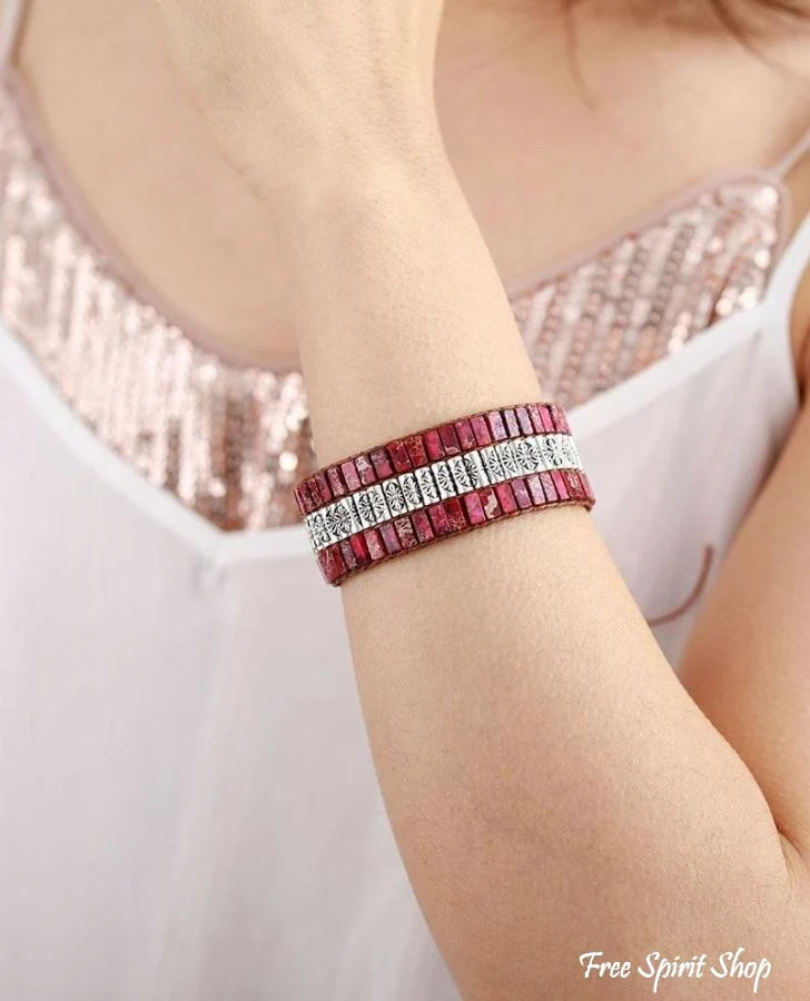 Handmade Fushia Jasper & Tibetan Bead Wrap Bracelet - Image 2