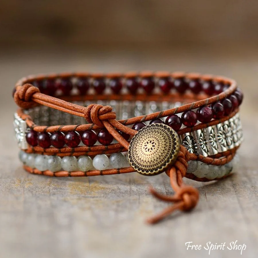 Handmade Garnet & Labradorite Bead Wrap Bracelet - Image 3
