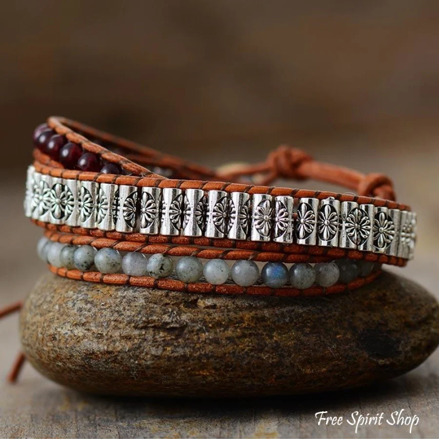 Handmade Garnet & Labradorite Bead Wrap Bracelet - Image 4