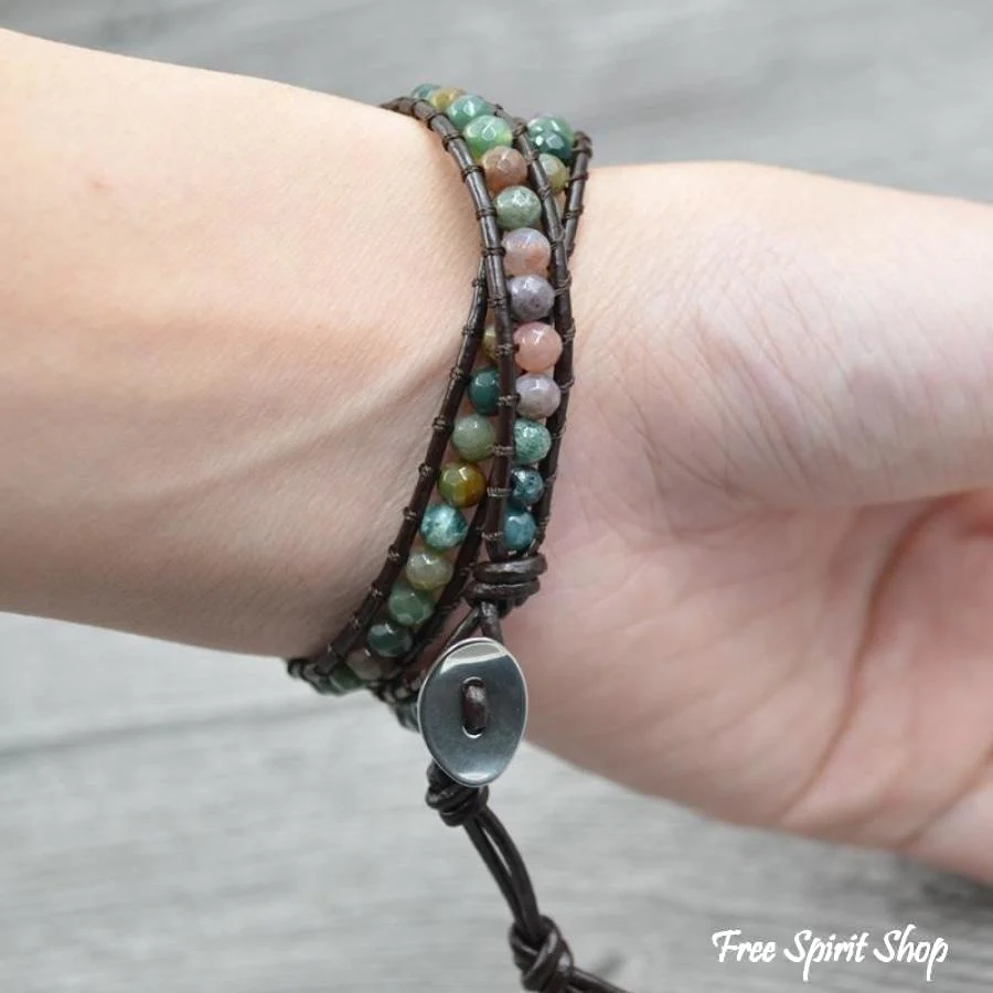 Handmade Indian Agate Leather Wrap Bracelet - Image 10