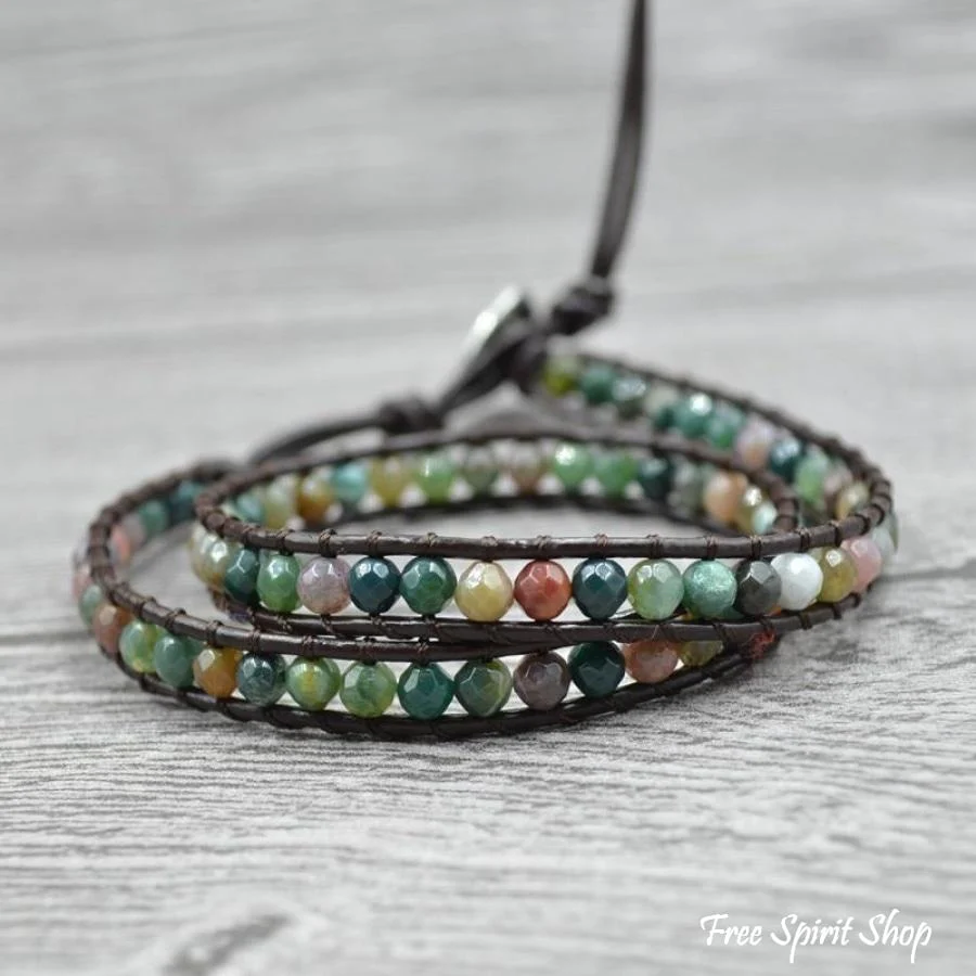 Handmade Indian Agate Leather Wrap Bracelet - Image 2