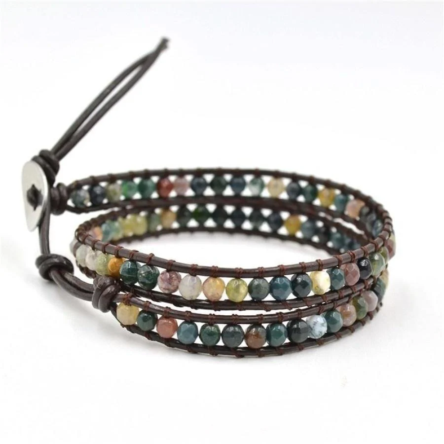 Handmade Indian Agate Leather Wrap Bracelet - Image 3