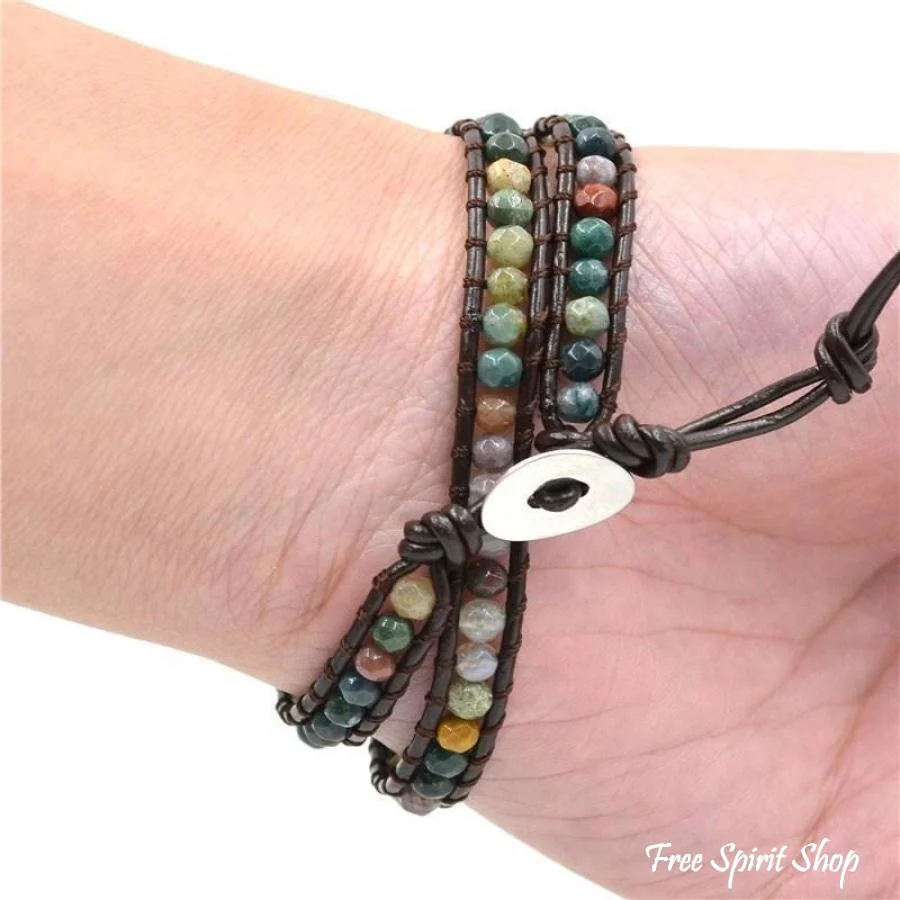 Handmade Indian Agate Leather Wrap Bracelet - Image 4