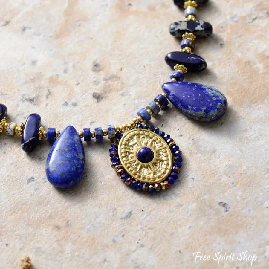 Handmade Lapis Lazuli & Blue Jasper Sun Pendant Necklace - Image 3