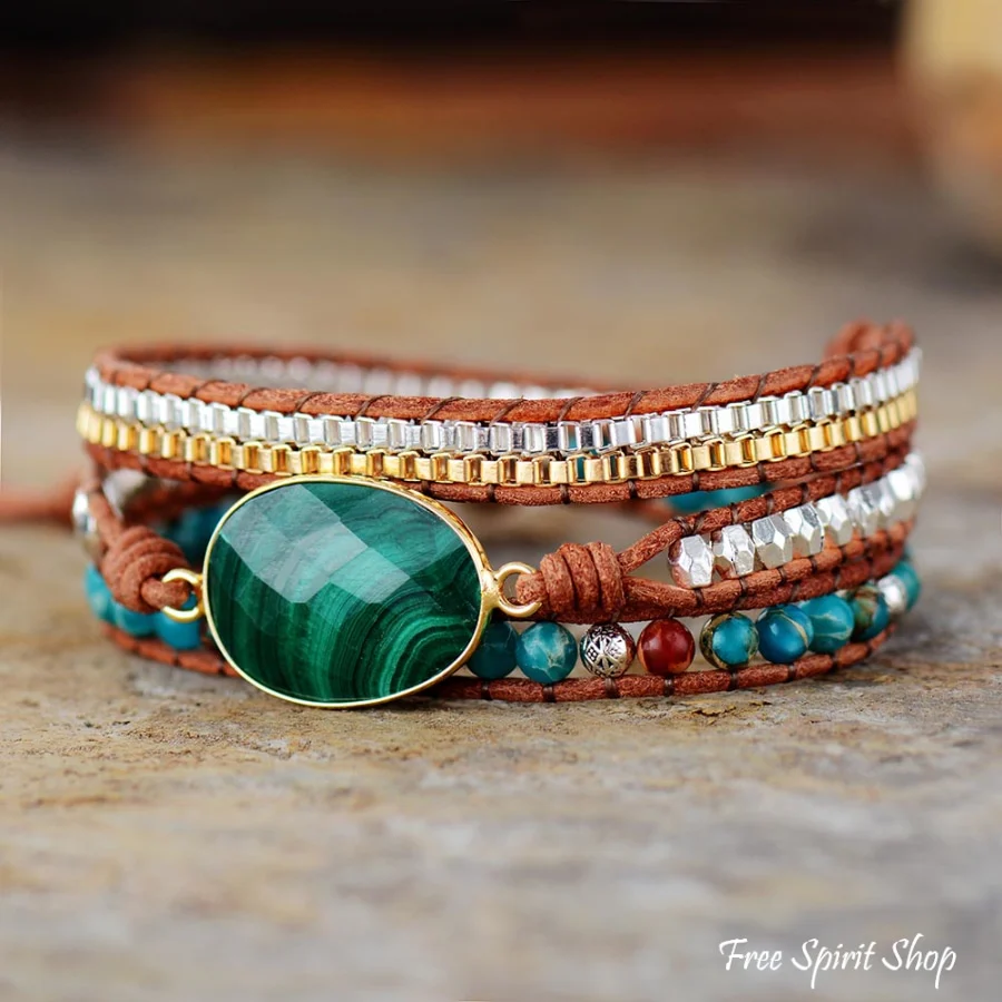 Handmade Malachite & Chain Beaded Wrap Bracelet