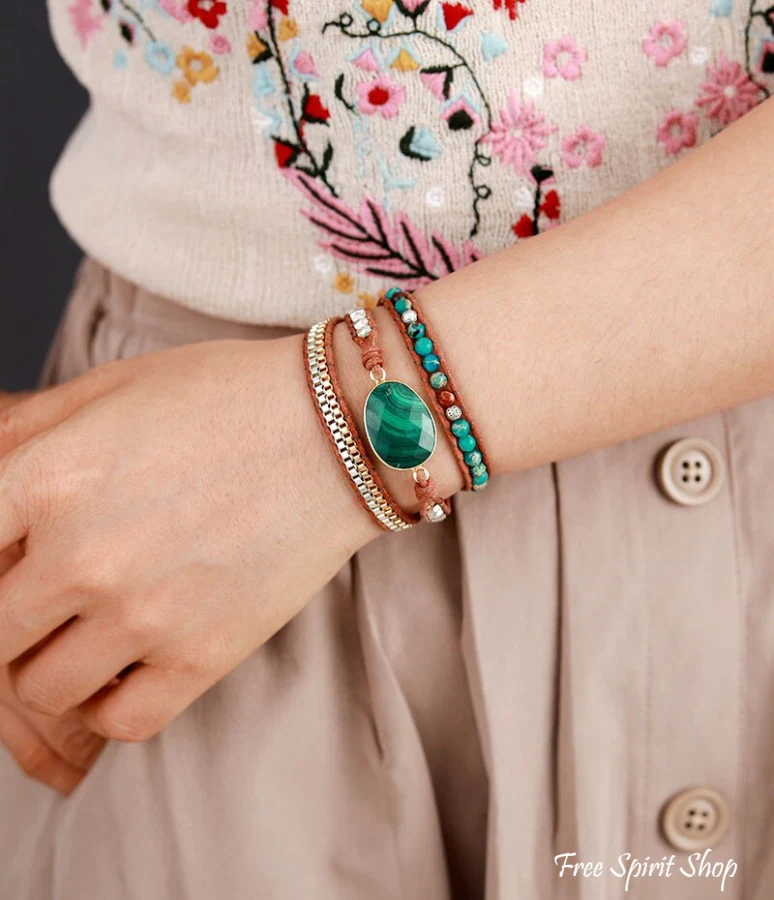Handmade Malachite & Chain Beaded Wrap Bracelet - Image 2