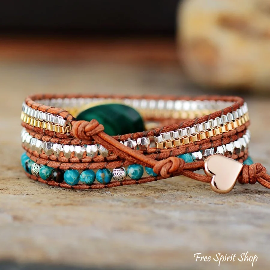 Handmade Malachite & Chain Beaded Wrap Bracelet - Image 3