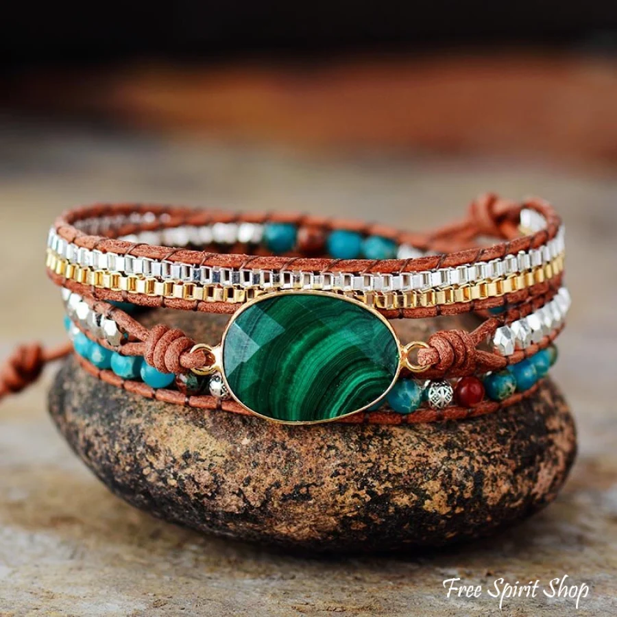 Handmade Malachite & Chain Beaded Wrap Bracelet - Image 4