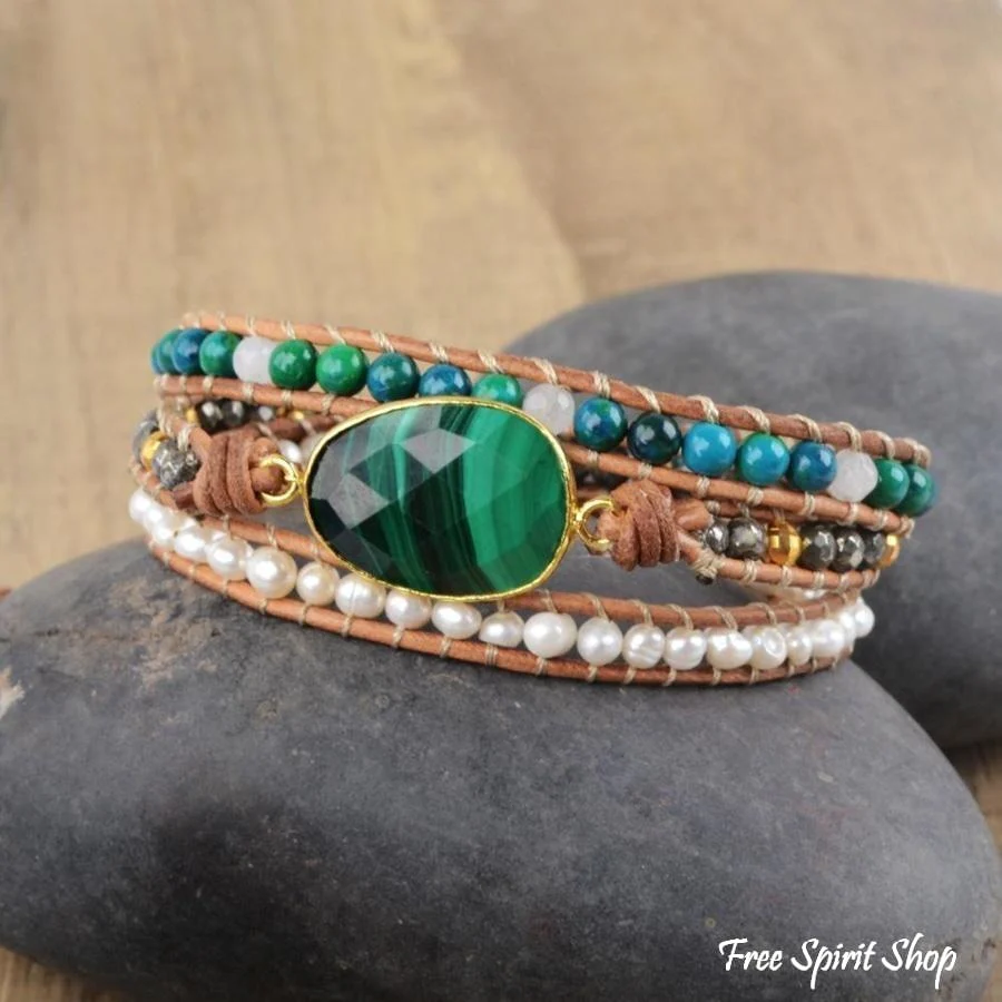 Handmade Malachite Chrysocolla & Pearl Wrap Bracelet - Image 4