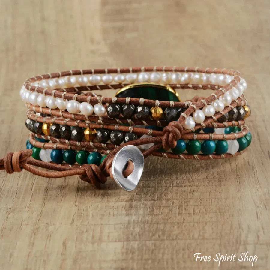 Handmade Malachite Chrysocolla & Pearl Wrap Bracelet - Image 5