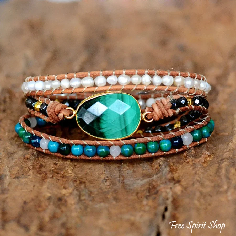 Handmade Malachite Chrysocolla & Pearl Wrap Bracelet - Image 6