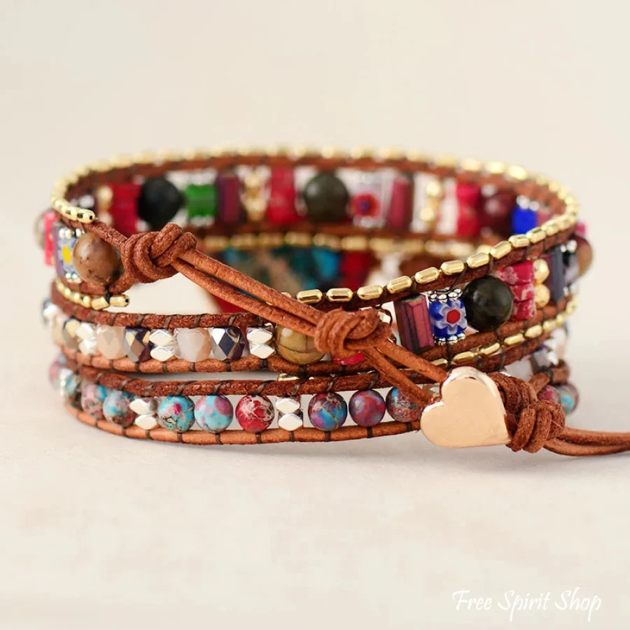 Handmade Mix Gemstone Red Heart Wrap Bracelet - Image 2