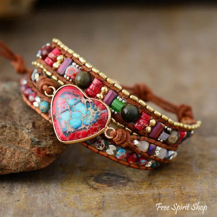 Handmade Mix Gemstone Red Heart Wrap Bracelet - Image 3
