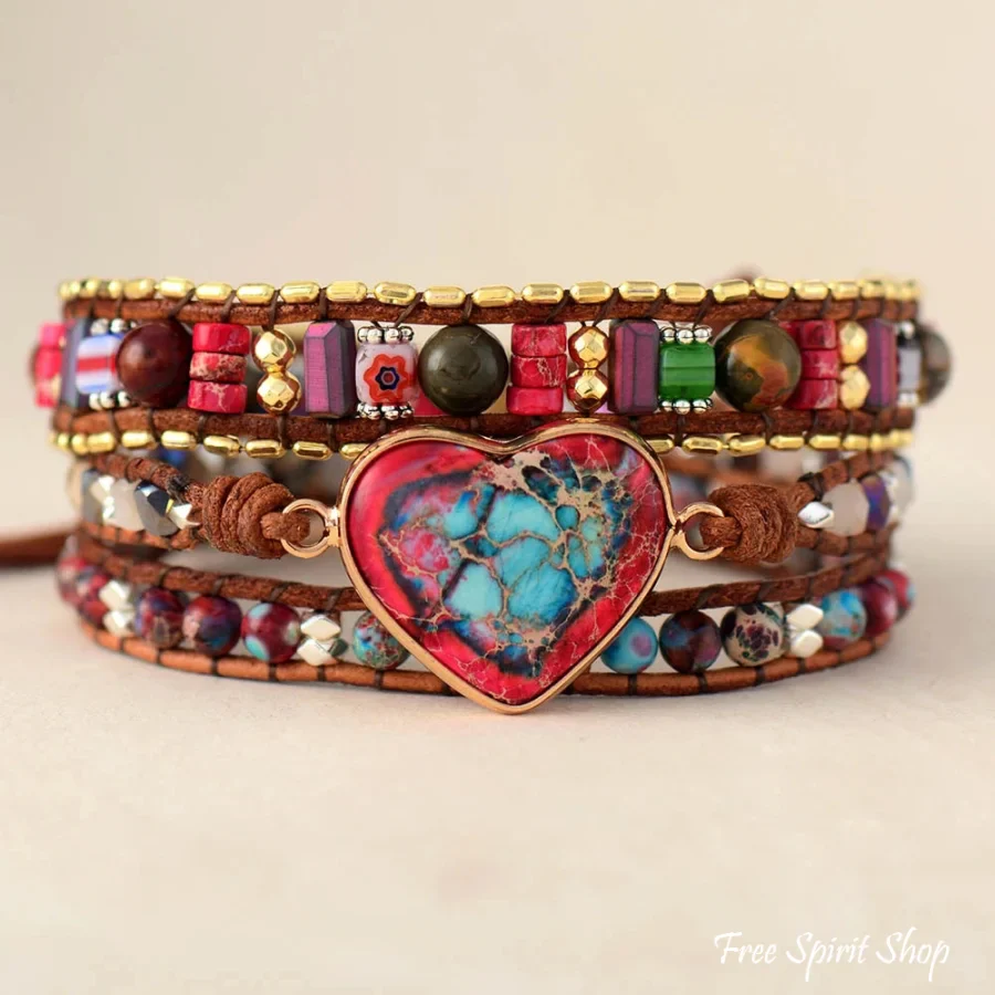 Handmade Mix Gemstone Red Heart Wrap Bracelet - Image 4