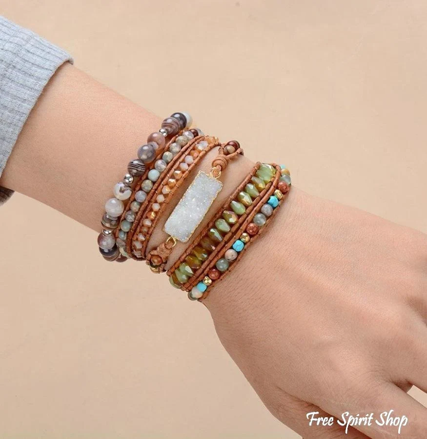 Handmade White Druzy & Mix Gemstone Wrap Bracelet - Image 2