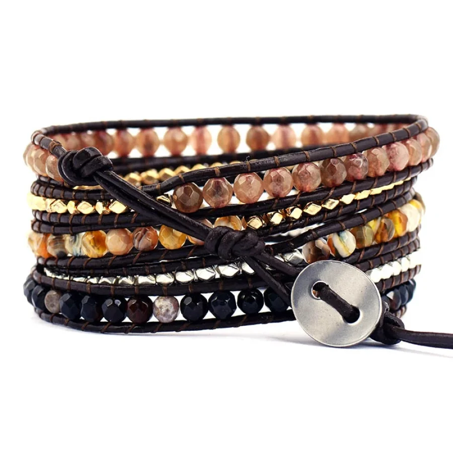 Handmade Mix Natural Gemstone Brown Leather Wrap Bracelet - Image 2