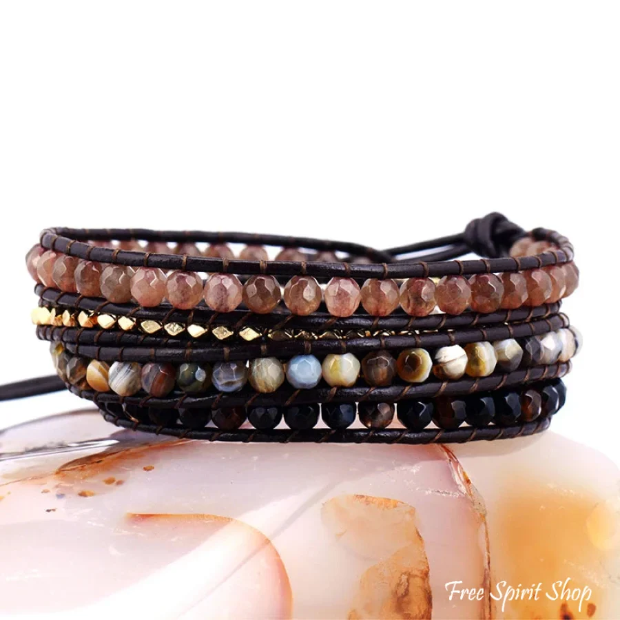 Handmade Mix Natural Gemstone Brown Leather Wrap Bracelet - Image 3