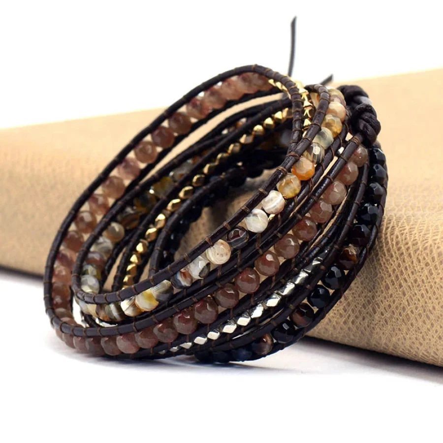 Handmade Mix Natural Gemstone Brown Leather Wrap Bracelet - Image 4