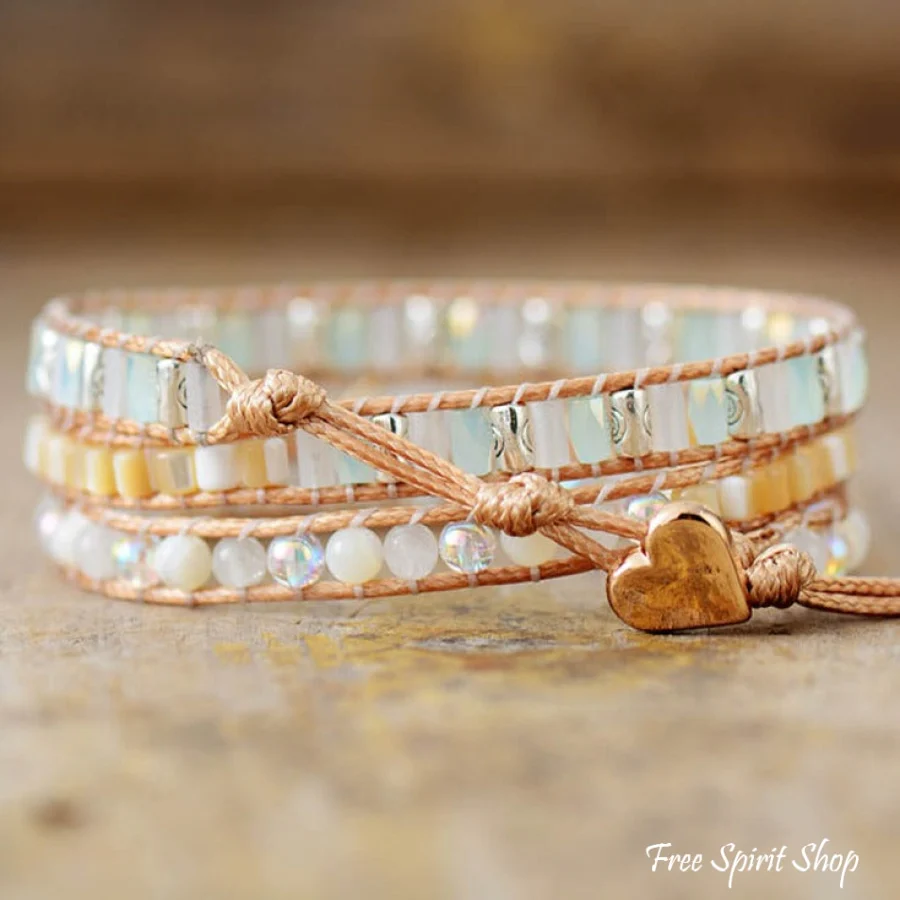 Handmade Moonstone & Pearly Rainbow Bead Wrap Bracelet - Image 3