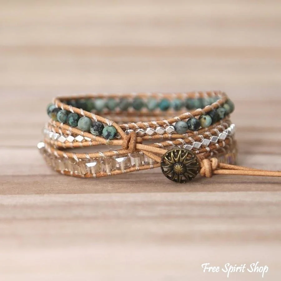 Handmade Natural African Turquoise & Silver Beads Wrap Bracelet - Image 2